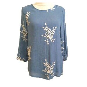 ANNELIEGE Blue Tunic Blouse Sheer Demur Embroidered Lined Size M